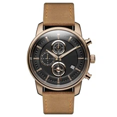 Gold Chronograph Quartz Watch bi kwadrant iswed u ċinga tal-ġilda ħadra